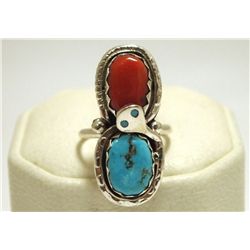 Zuni Coral & Turquoise Sterling Silver Snake Women's Ring - Effie Calavaza