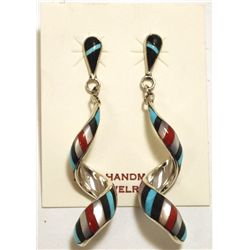 Zuni Multi-Stone Inlay Sterling Silver Spiraling Post Earrings - Idella Edaakie