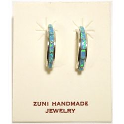 Zuni Blue Opal Inlay Sterling Silver Half-Ring Post Earrings - Susan Kalestewa