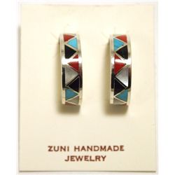 Zuni Multi-Stone Inlay Sterling Silver Half-Ring Post Earrings - Tina Haloo