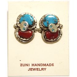 Zuni Coral & Turquoise Sterling Silver Snake Post Earrings - Effie Calavaza