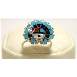 Zuni Multi-Stone Inlay Sun Face Sterling Silver Women's Ring - Emma Romancito