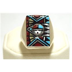 Zuni Multi-Stone Inlay Sun Face Sterling Silver Men's Ring - Angelena Laahty