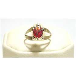 Zuni Red Opal Inlay Sterling Silver Small Turtle Women's Ring - Vernon Waikaniwa