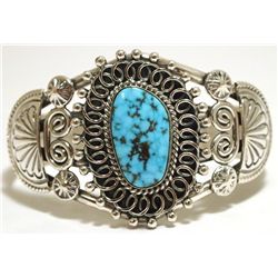 Navajo Spider Web Kingman Turquoise Sterling Silver Cuff Bracelet - Mary Ann Spencer