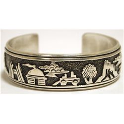 Navajo Sterling Silver Pueblo Scene Cuff Bracelet - Tommy Singer