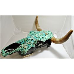 Navajo Turqouise Stone over Authentic Bull Skull Pottery - Ernison Yazzie