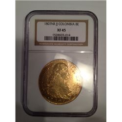 1807NR JJ Spanish Columbia Gold 8 Escudo Large Coin NGC XF-45