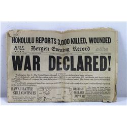WAR DECLARED! Bergen Evening Record WWII Paper