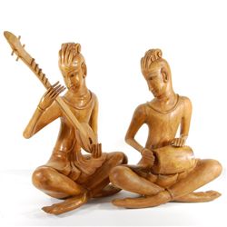 Hand Carved Teak Pair Musician Statues (CLB-000221)