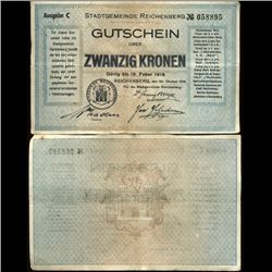 1919 Austria 20k Reichenberg Note Hi Grade Scarce (CUR-003943)