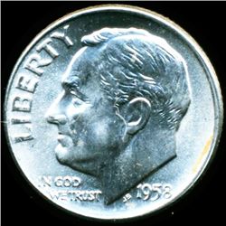 1958D FDR 10c MS66/67 Full Bands Snot Nose Die Break (COI-012533)