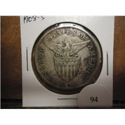 1908-S US/PHILIPPINES SILVER PESO .5144 OZ. ASW