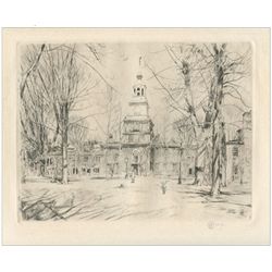 Childe Hassam pencil-signed etching "Independence Hall, Philadelphia"