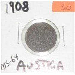 1908 AUSTRIA 2 CENT *RARE MS-64 HIGH GRADE NICE EARLY COIN WITH NICE DESIGN!! COIN CAME OUT OF SAFE!