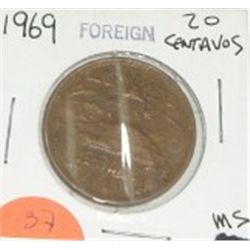 1969 MEXICO 20 CENTAVO *RARE MS HIGH GRADE NICE EARLY COIN WITH NICE DESIGN!!