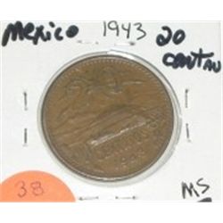 1943 MEXICO 20 CENTAVO *RARE MS HIGH GRADE NICE EARLY COIN WITH NICE DESIGN!!