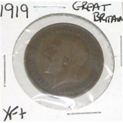 1919 GREAT BRITAIN LARGE PENNY *RARE EARLY EXTRA FINE+ GRADE BRITISH PENNY*!! COIN CAME OUT OF SAFE!