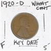 Image 1 : 1920-D WHEAT CENT RED BOOK VALUE IS $5.00+ *RARE KEY DATE EARLY FINE GRADE*!!