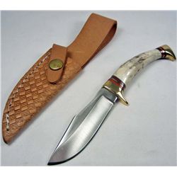 ROUGH RIDER FIXED BLADE KNIFE W/ STAG HANDLE W/ SHEATH
