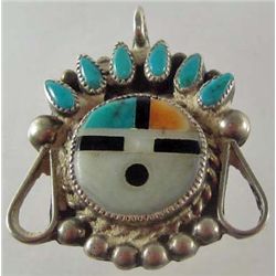 EARLY NATIVE AMERICAN INDIAN ZUNI SILVER INLAID PENDANT