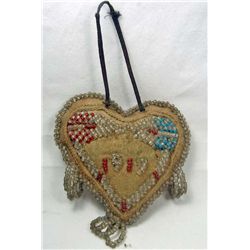 EARLY NATIVE AMERICAN INDIAN BEADED PIN CUSHION - HEART SHAPED W/ HANGING STRAP