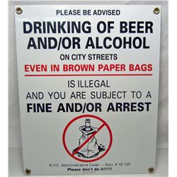 NEW YORK CITY NO ALCOHOL WARNING PORCELAIN SIGN