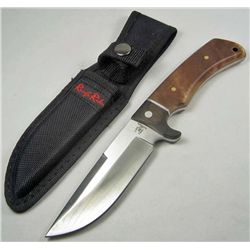 ROUGH RIDER FIXED BLADE HUNTING KNIFE W/ WOOD HANDLE AND SHEATH