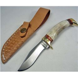 ROUGH RIDER FIXED BLADE KNIFE W/ STAG HANDLE AND SHEATH