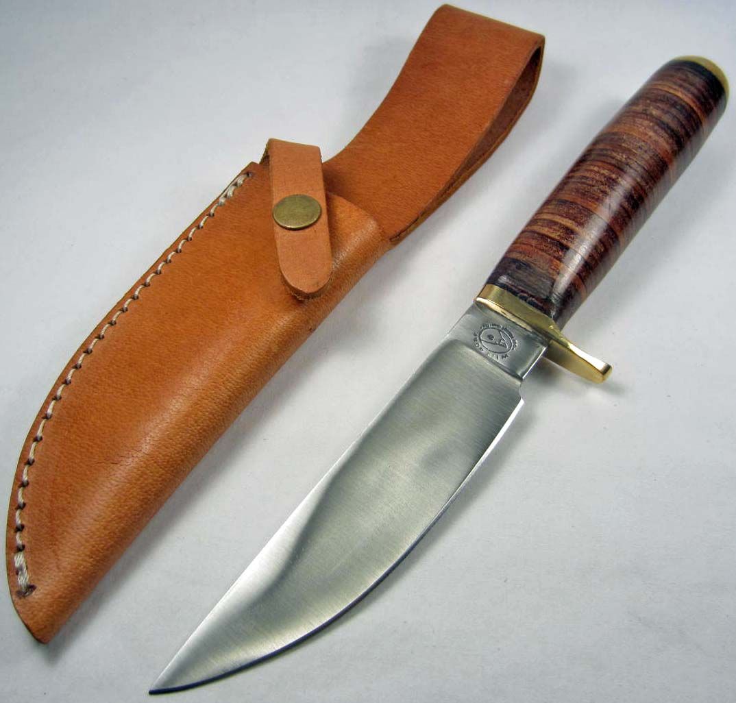 WILD BOAR MEDIUM FIXED BLADE HUNTER KNIFE W/ STACKED LEATHER HANDLE AND