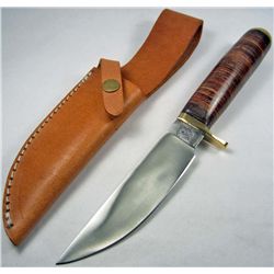 WILD BOAR MEDIUM FIXED BLADE HUNTER KNIFE W/ STACKED LEATHER HANDLE AND SHEATH