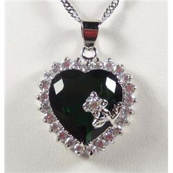 10671 - WHITE GOLD PLATED EMERALD & WHITE TOPAZ PENDANT W/ CHAIN
