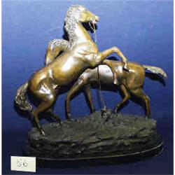 1 BRONZE-TWO HORSES 22"W X 24"H ADDED MARBLE BASE....