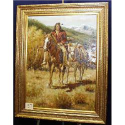 1 OIL PAINTING, TROY DENTON, ON HORSEBACK LEADING...