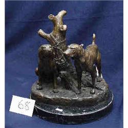 1 BRONZE-TWO HUNTING DOGS NEXT TREE 12"WX13"H. SIGNED WITH ADDED MARBLE BASE....