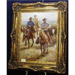 1 OIL PAINTING, TROY DENTON, ON HORSEBACK AT CATTLE...