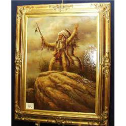 1 OIL PAINTING-TROY DENTON. WITH ARMS RAISED AND RIFLE. 40" X 30"....