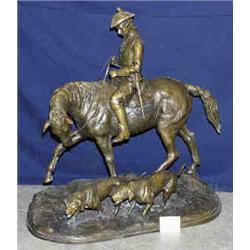 1 BRONZE-COLONIAL MAN ON HORSE TWO DOGS ALL ON BRONZE ABOUT 38 H. HORSE IS 32  END TO END. TWO EA...