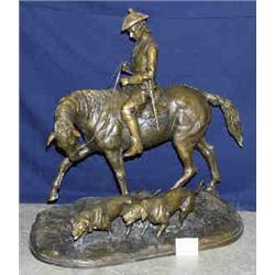 1 BRONZE-COLONIAL MAN ON HORSE TWO DOGS ALL ON BRONZE ABOUT 38"H. HORSE IS 32" END TO END. TWO EA...