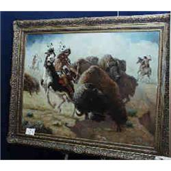 1 OIL PAINTING-TROY DENTON. KILLING BUFFALO. X 48"....