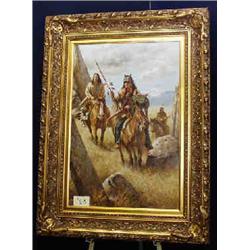 1 OIL PAINTING-TROY DENTON. INDIANS ON HORSEBACK ONE WOLF CAPE. 36" X 24"....
