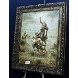 1 OIL PAINTING-COWBOY DRIVING 40" X 30"....