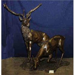 1 BRONZE-TWO DEER ON BRONZE BASE WITH ANTLERS 62"H X 36"L, WITH HEAD DOWN 31"H X 46"L....