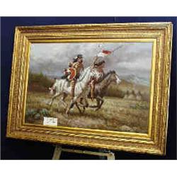 1 OIL PAINTING-TROY DENTON MOUNTED INDIANS ONE HOLDS FLAG AND WEARING CAVALRY HAT. 24" X 36"....