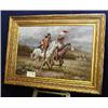 Image 1 : 1 OIL PAINTING-TROY DENTON MOUNTED INDIANS ONE HOLDS FLAG AND WEARING CAVALRY HAT. 24" X 36"....