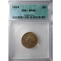 1854 $3.00 GOLD ICG EF-AU45
