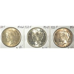 THREE UNCIRCULATED PEACE SILVER DOLLARS, 1922-P MS-63, 1923=P MS-64, 1925-P MS-62
