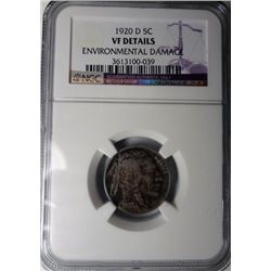 1920-D BUFFALO NICKEL NGC VF, SAYS DAMAGE, ITS JUST DARK THAT'S ALL, BARGAIN