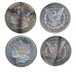 $1.00. Morgan type. 1878. 7 Feathers. Mint State-63; 1898. Mint State-63. Both dollars are brilliant