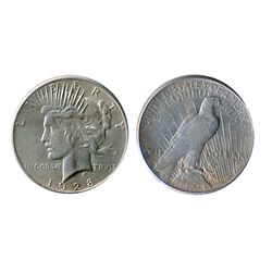 $1.00. Peace type. 1928-P. AU-55. Brilliant. A scarcer date.